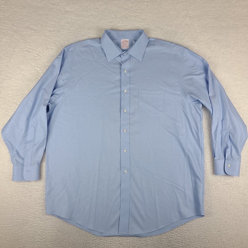 Brooks Brothers Shirt Mens 17.5 34 Blue Madison Fit Non Iron Stretch Button Up*